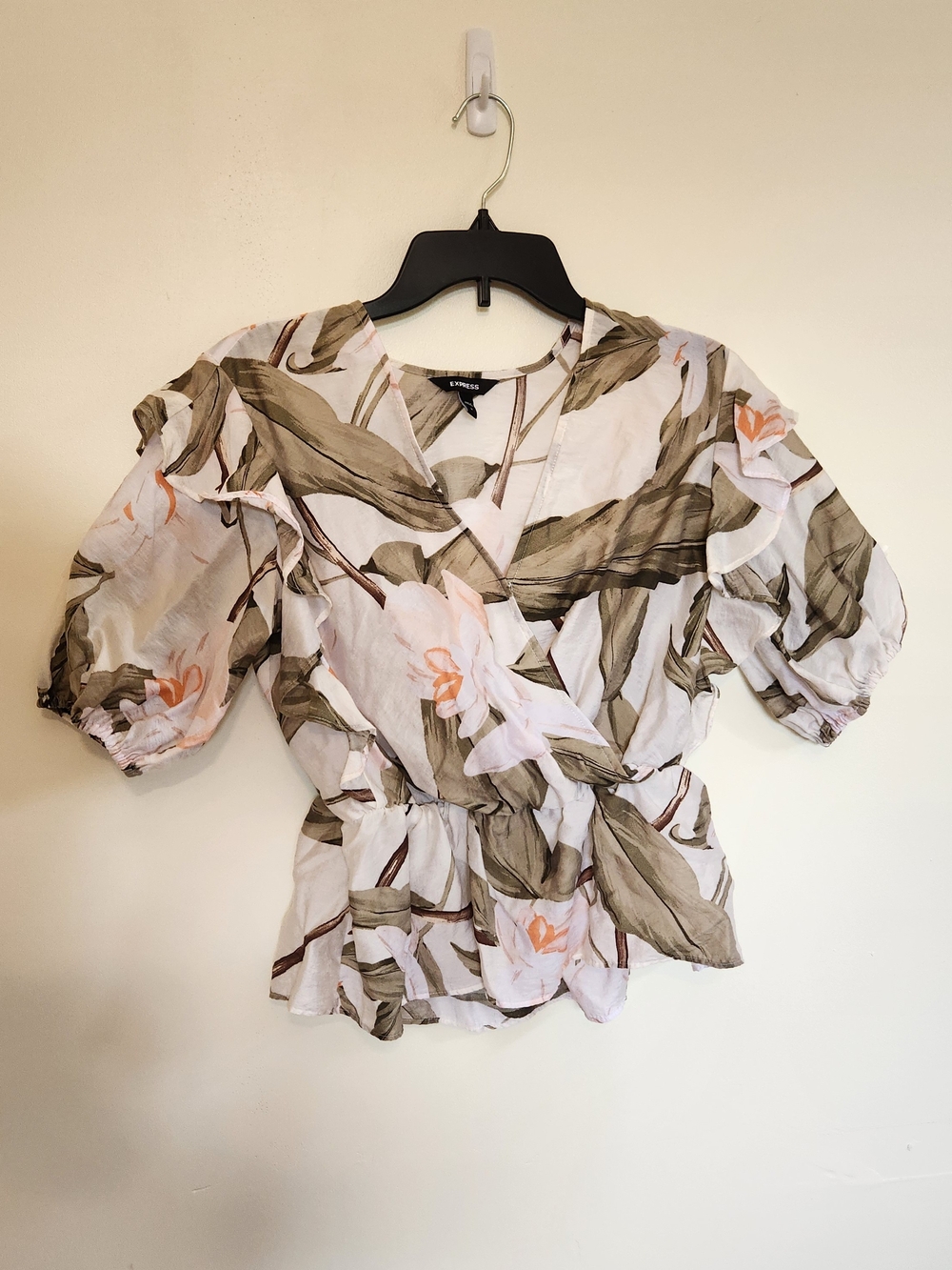 Express Floral Wrap Peplum Top - White with Green Leaf Print